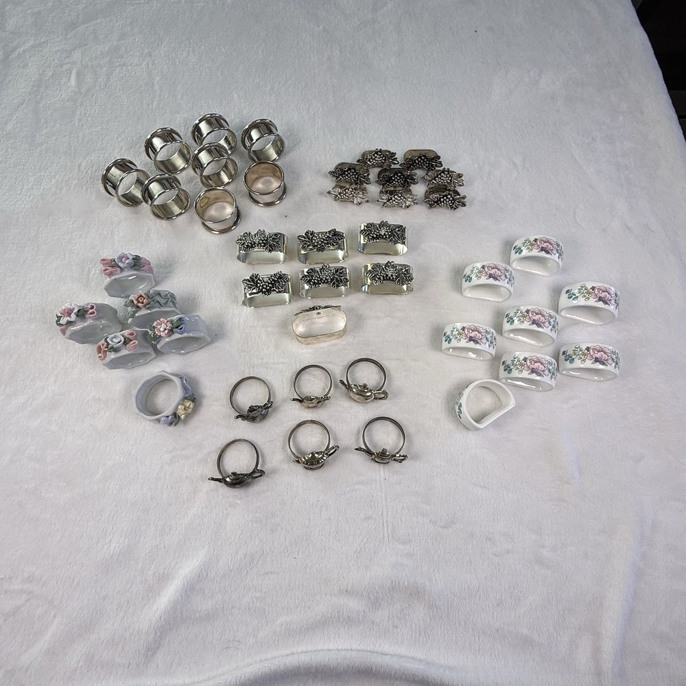 Vintage Napkin Rings Mixed Lot 44 Metal Porcelain Floral Grape Teapot Tableware